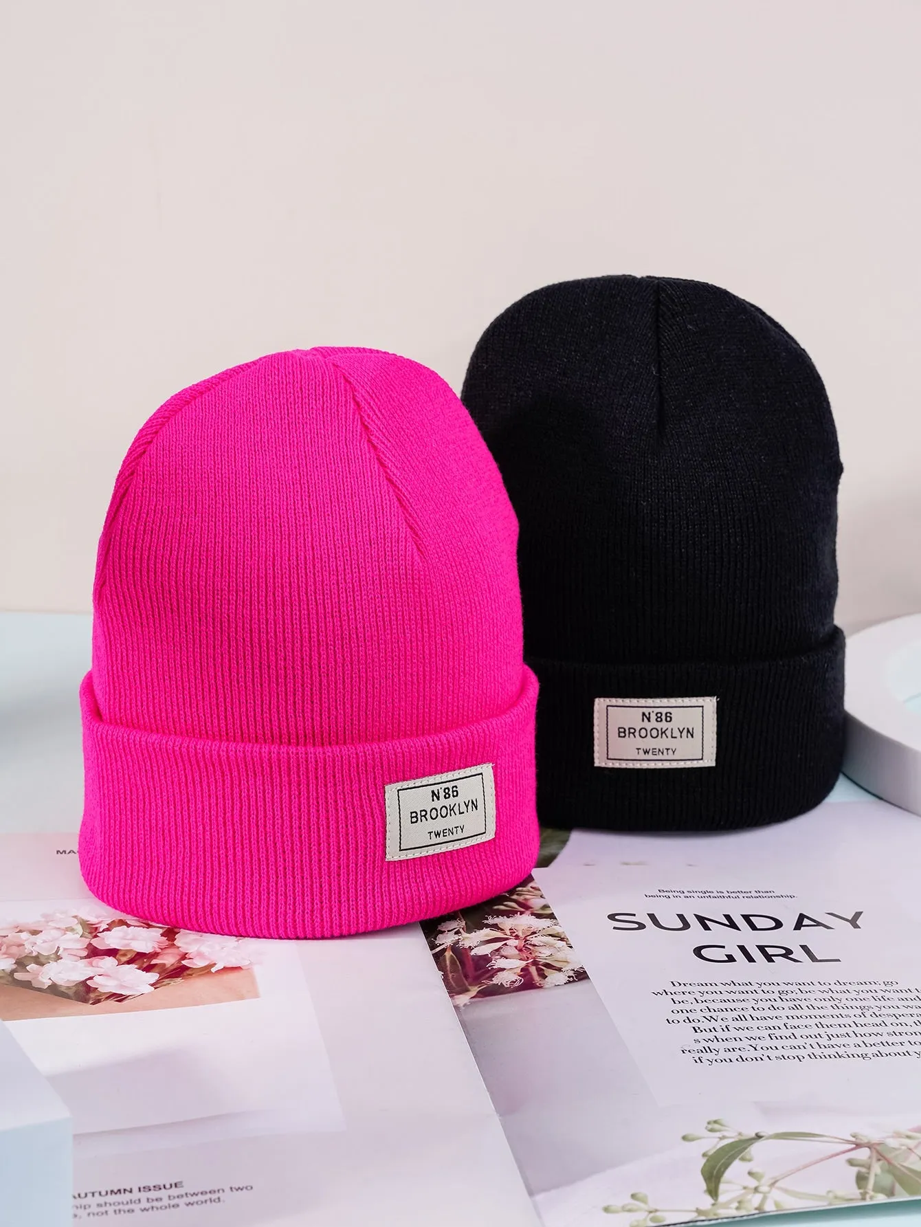 2pcs Women's Knit Hats With Label Casual