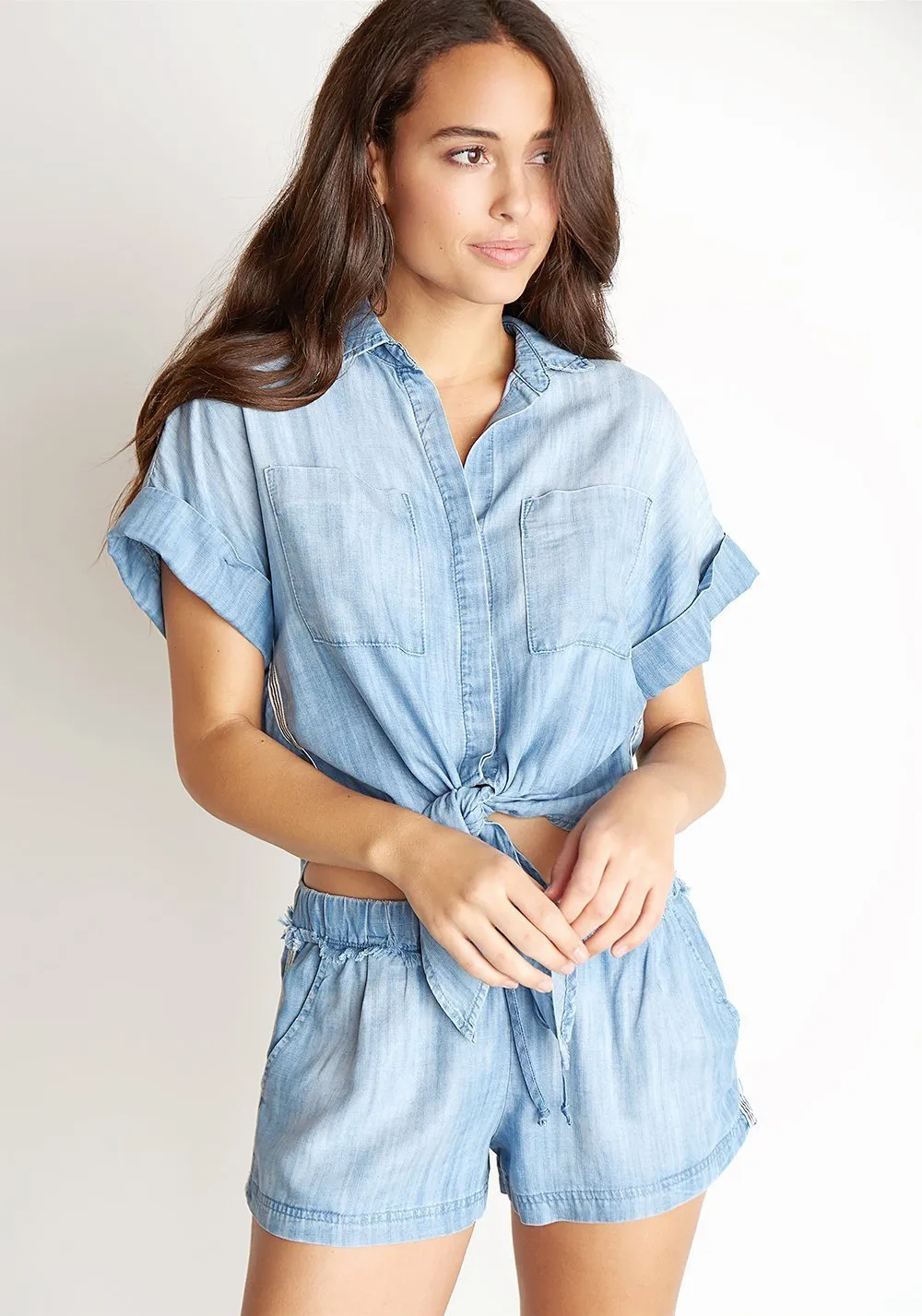 BELLA DAHL - Stripe Trim Capsleeve Tie Up Shirt in Silverlake Wash