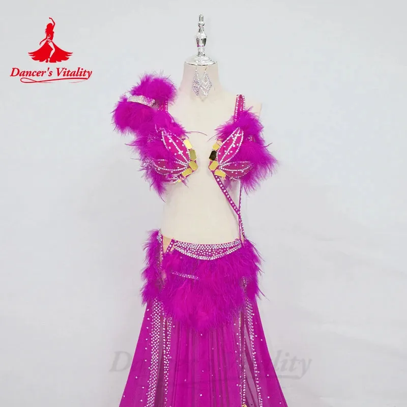 Bellydance Clothing Set Women Customized High End Luxury AB Stones Feather Suit Oriental Dance Professional Performance Costumes