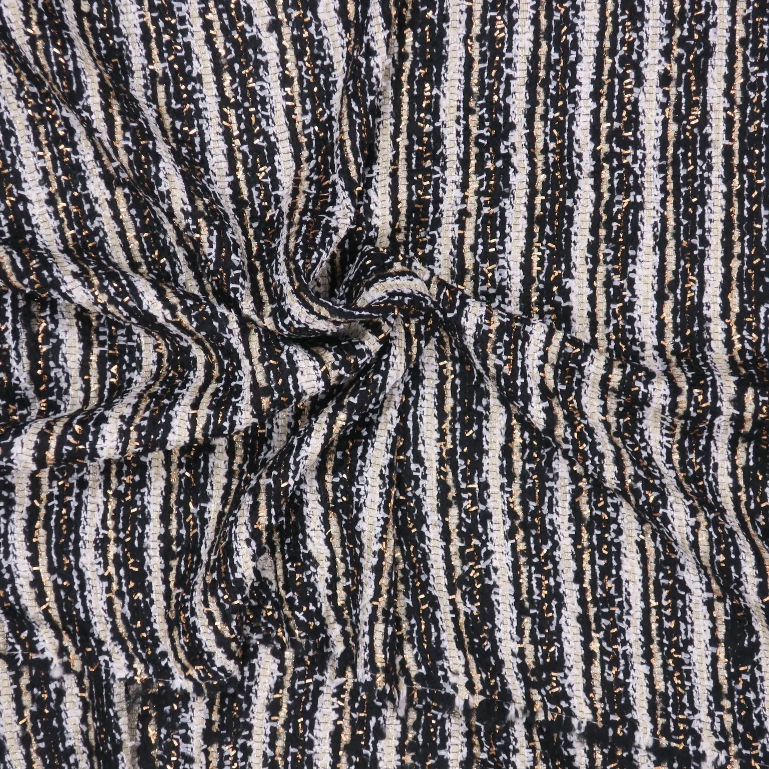 Black and White with Gold Lurex Thread Textured Abstract Tweed Bouclé Fabric