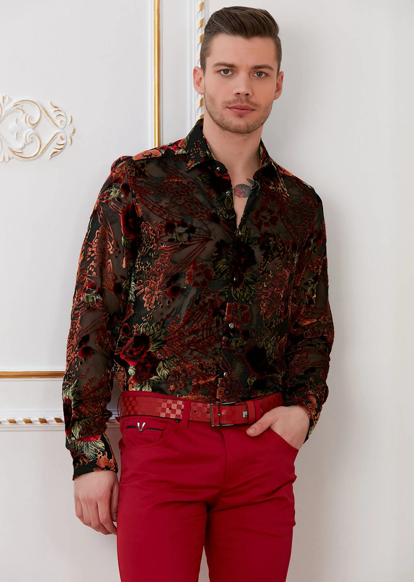 Black Brown Floral Velvet Shirt