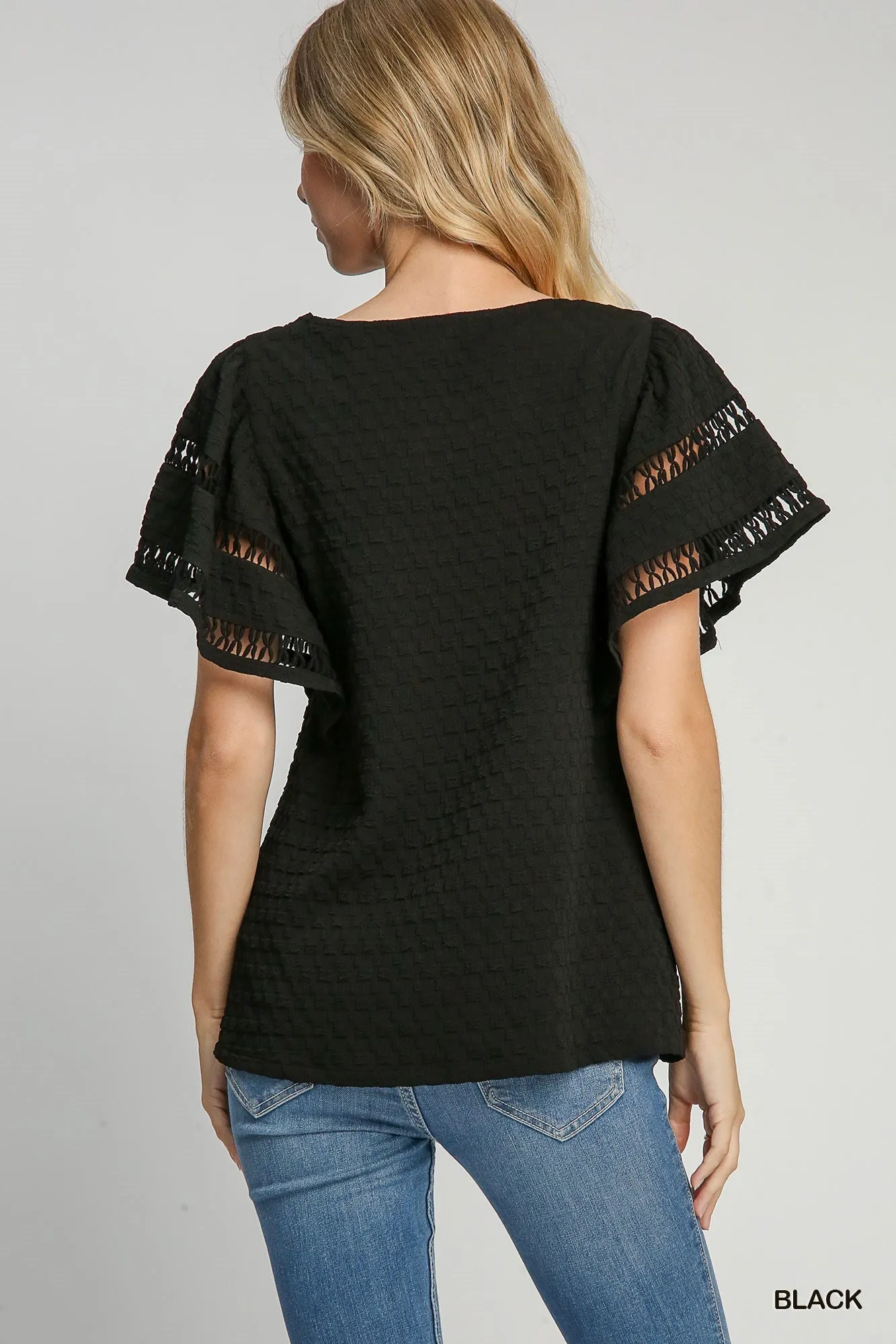 Black Textured Top w/ Flutter Sleeves