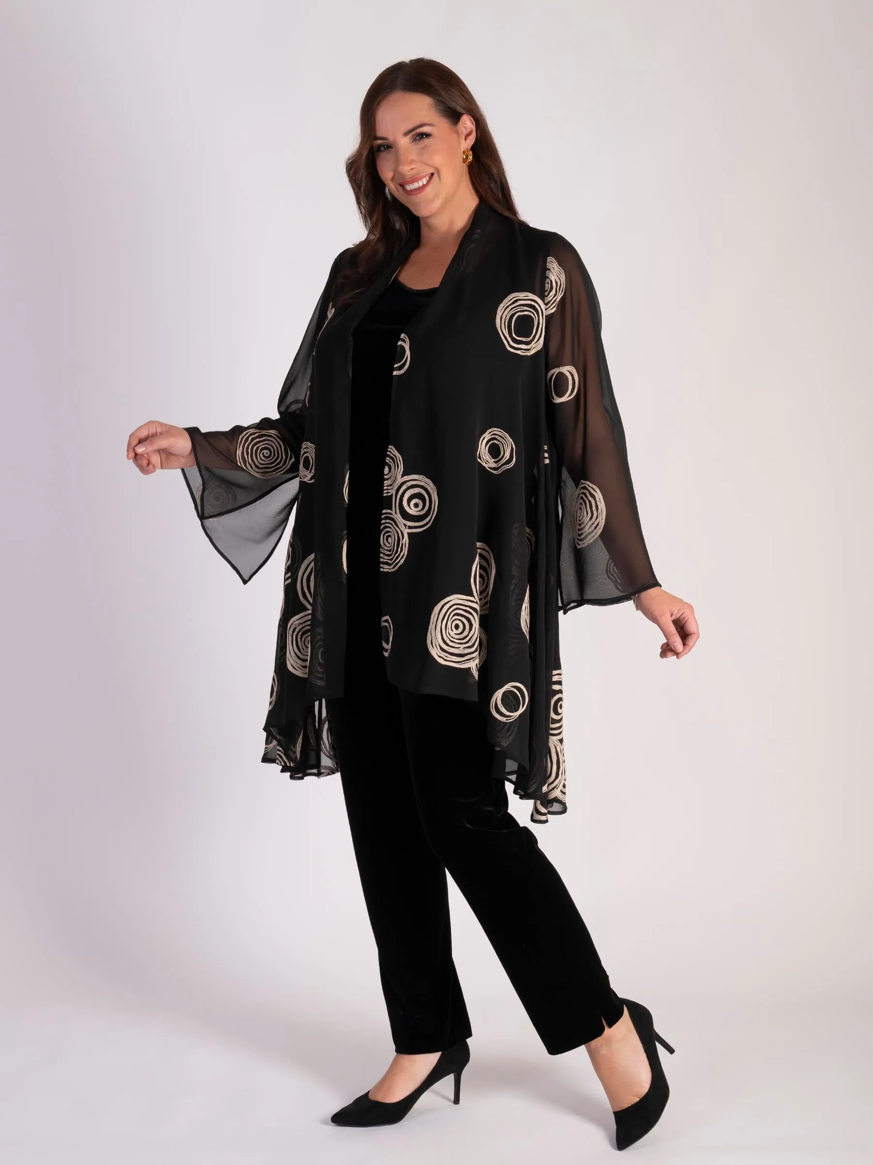 Black/Beige Embroidered Circles Jacket with Split Cuff Detail