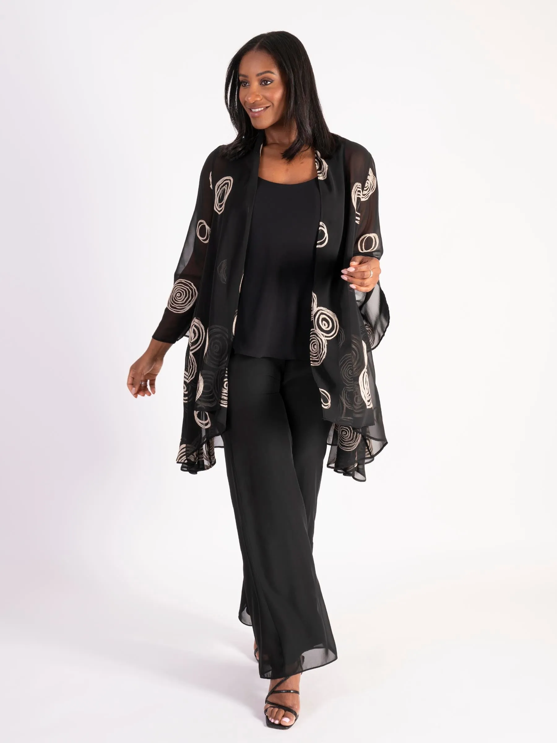 Black/Beige Embroidered Circles Jacket with Split Cuff Detail