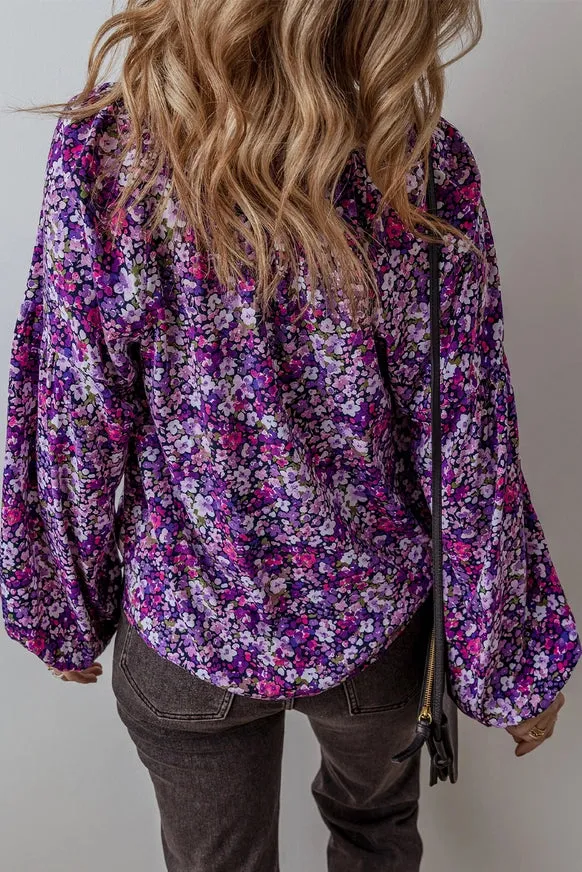 Boho Flower Split V Neck Bubble Sleeve Blouse