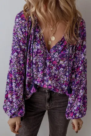 Boho Flower Split V Neck Bubble Sleeve Blouse