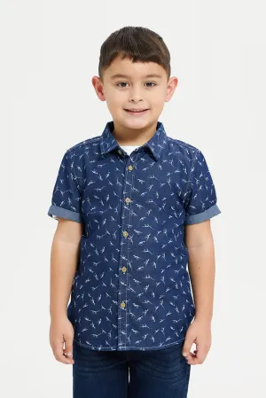 Boys Blue Printed Denim Shirt With T-Shirt Set (2 Piece)