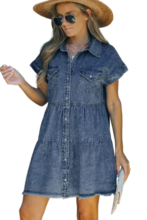 Button Front Raw Hem Denim Dress