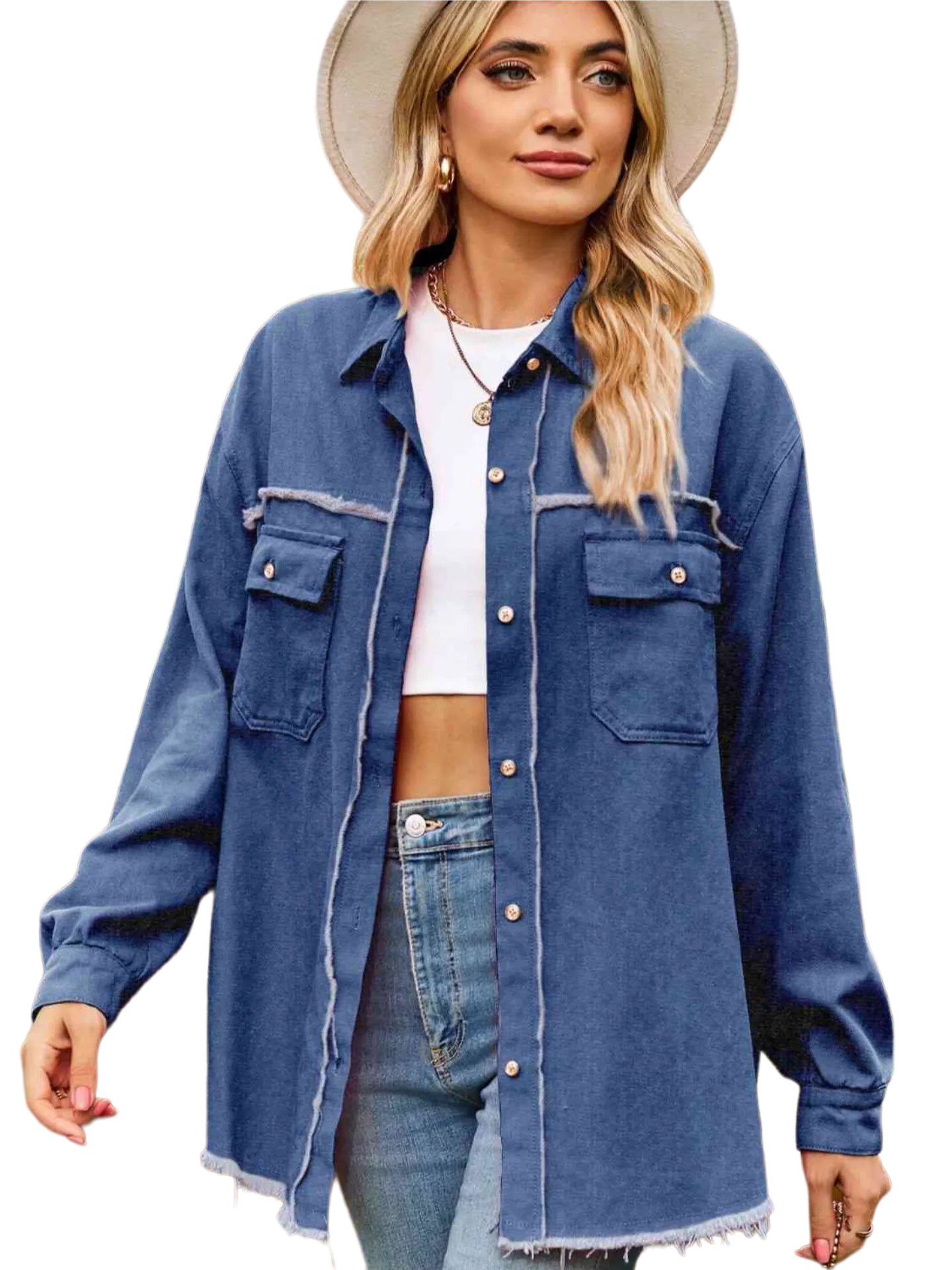 Button Up Collared Neck Raw Hem Denim Top