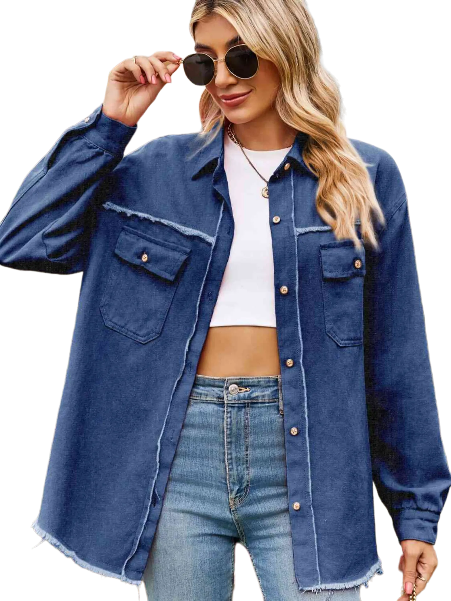 Button Up Collared Neck Raw Hem Denim Top