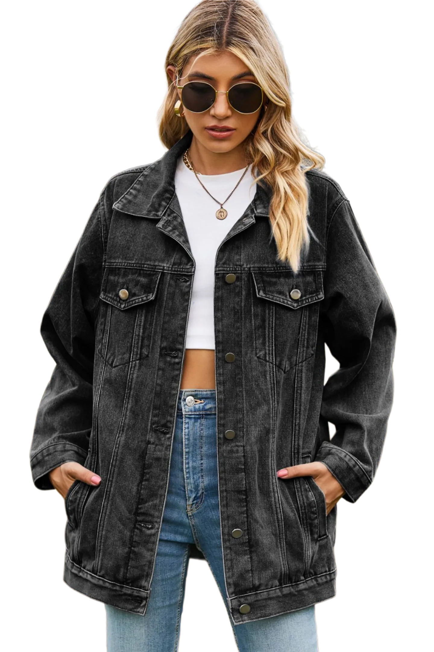 Buttoned Collared Neck Denim Jacket with Pockets