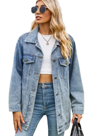 Buttoned Collared Neck Denim Jacket with Pockets