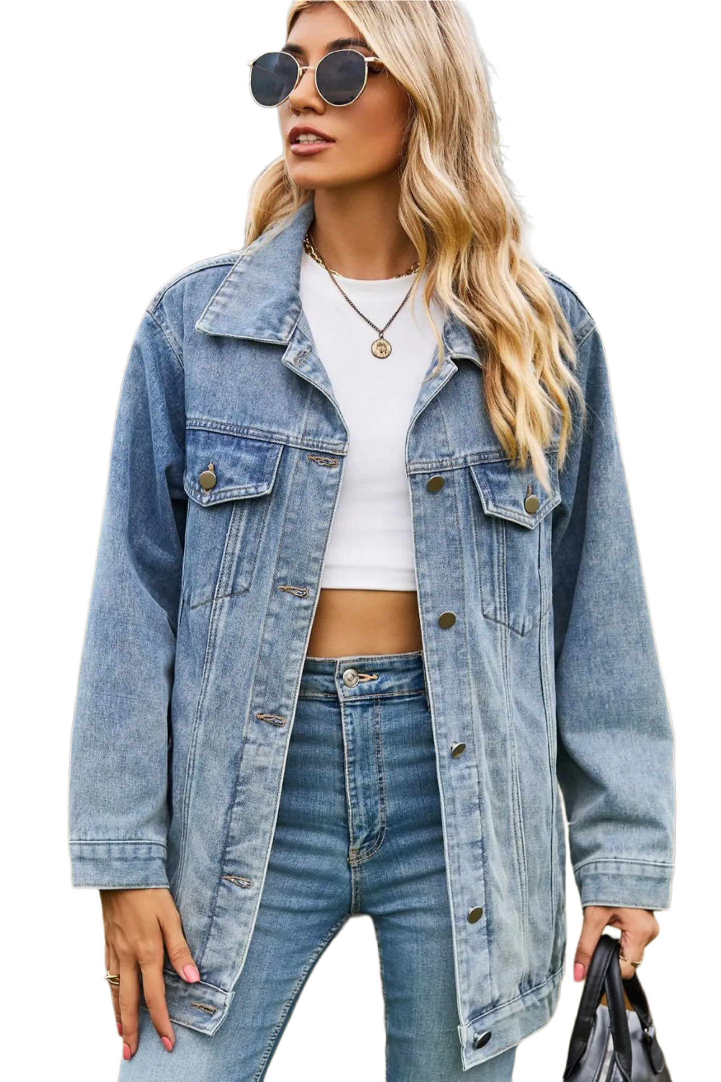 Buttoned Collared Neck Denim Jacket with Pockets