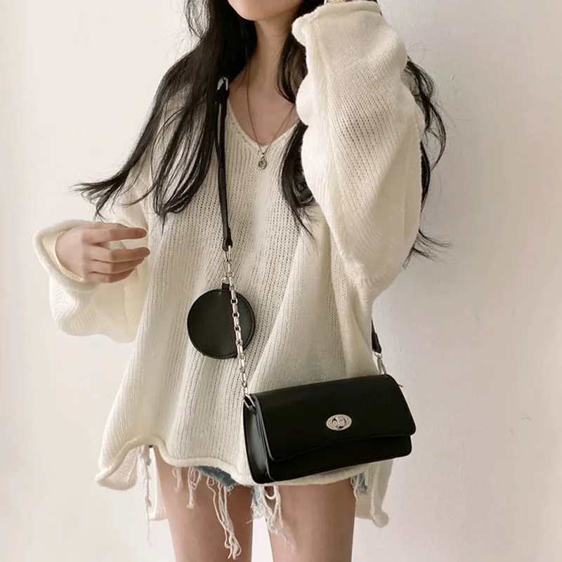 Chic Vintage V-Neck Slouchy Sweater  Women's Autumn Knit Top