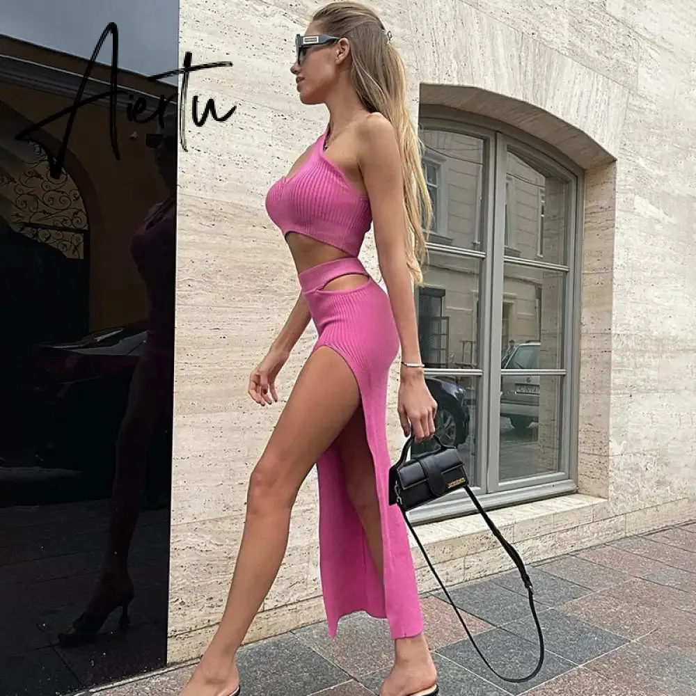 Chic Women Skirts Suits Solid Color Two-piece Sets One-shoulder Bra Crop Tops and High Waist Cut Out Slit Skirt Clubwear