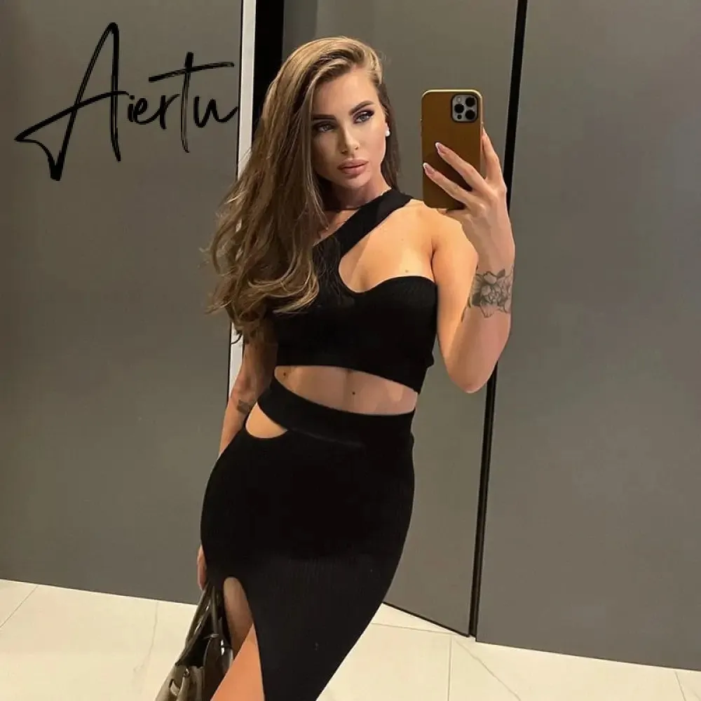 Chic Women Skirts Suits Solid Color Two-piece Sets One-shoulder Bra Crop Tops and High Waist Cut Out Slit Skirt Clubwear