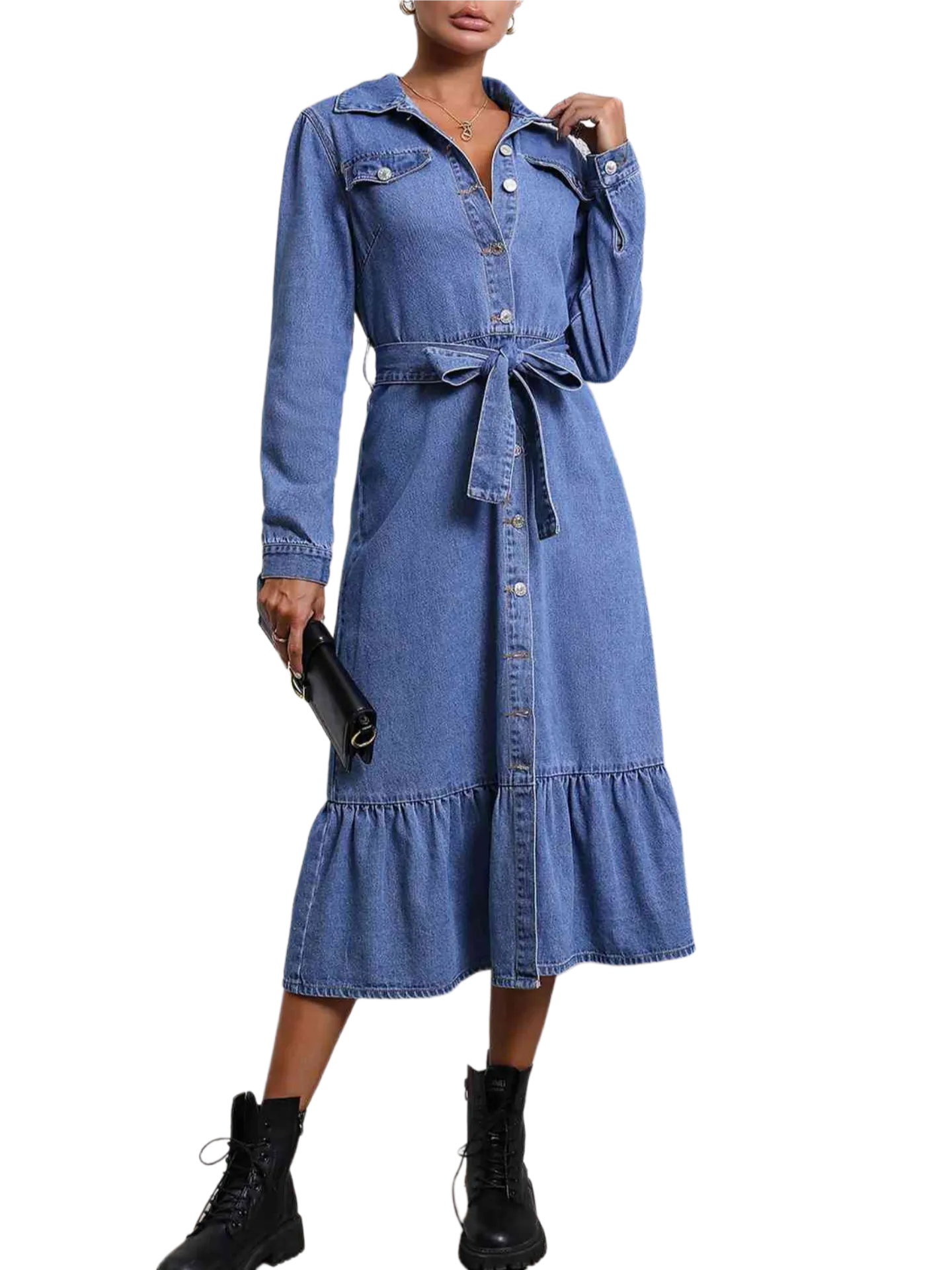 Collared Neck Button Down Denim Dress