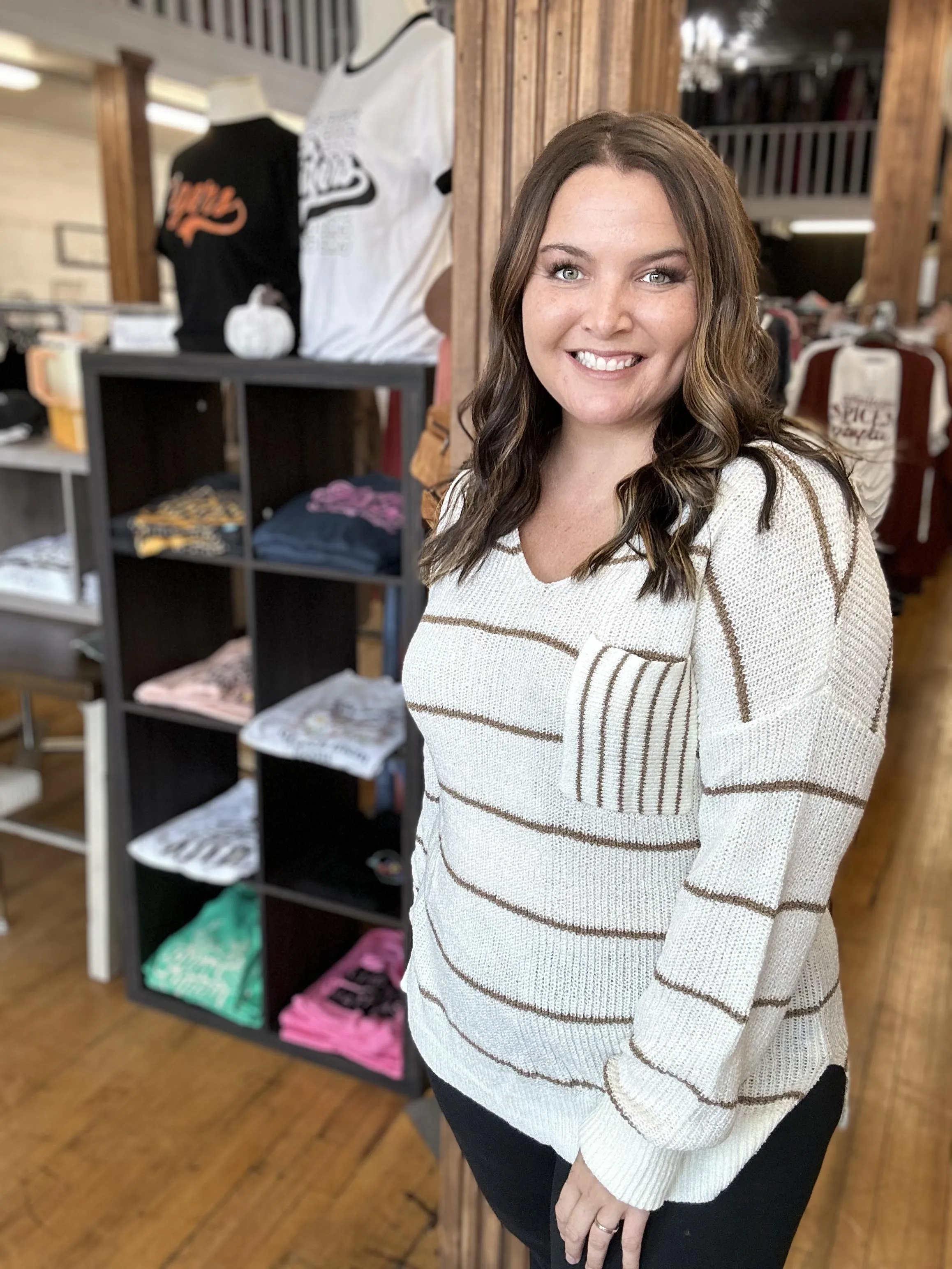 Cream & Brown Striped Sweater - Plus