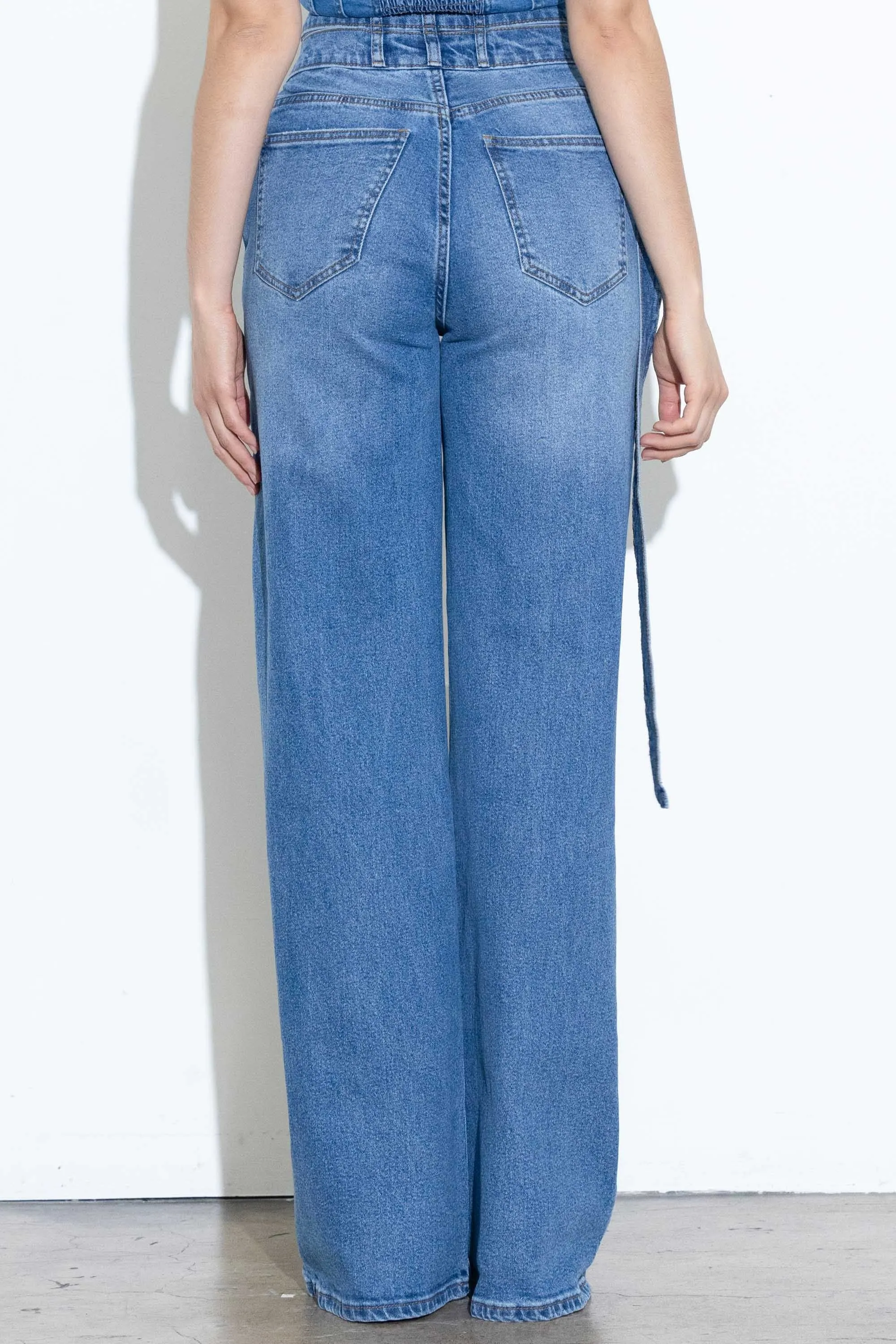 Crossed Waist Line Long Belted Wide Jeans