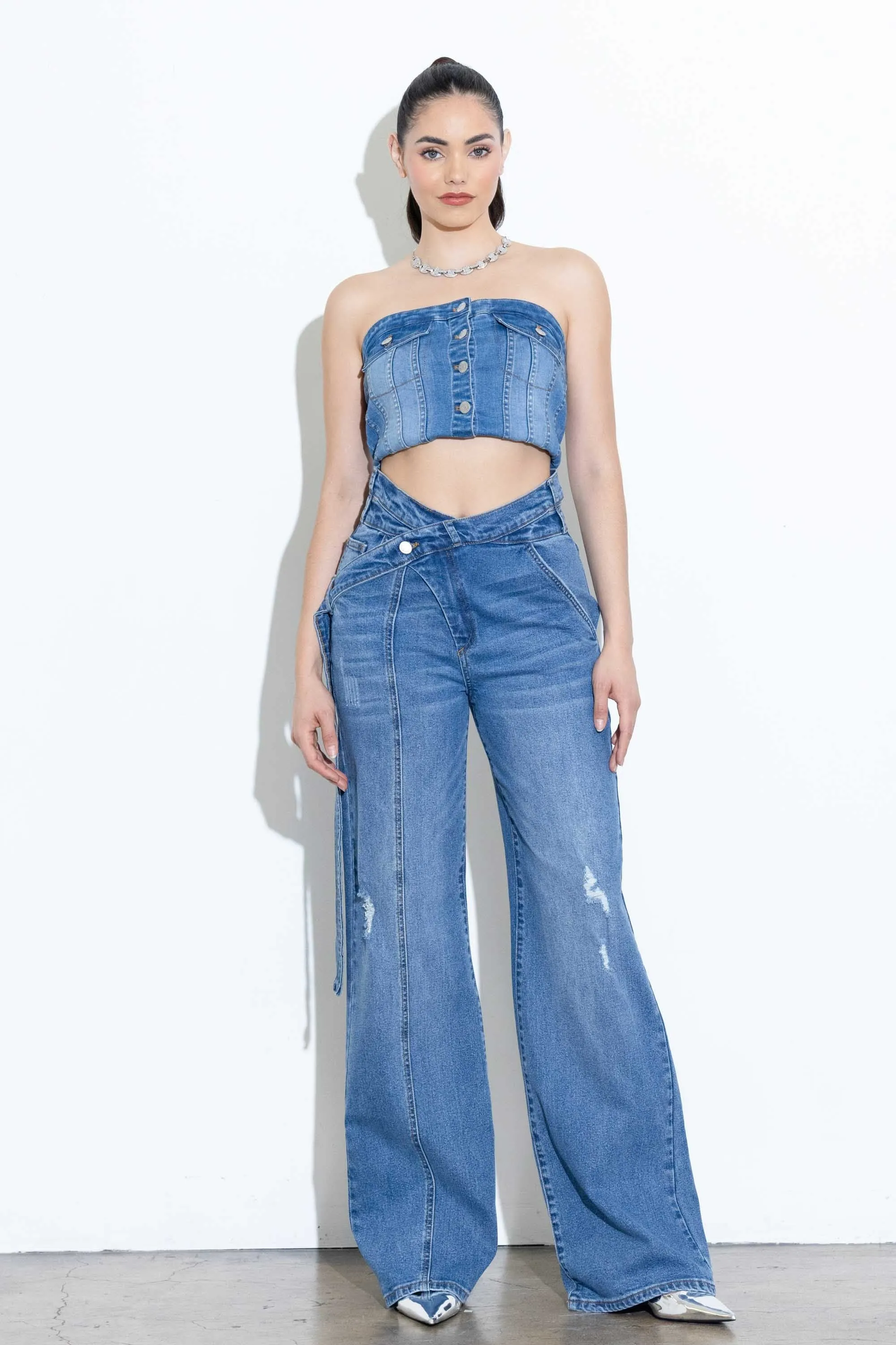 Crossed Waist Line Long Belted Wide Jeans