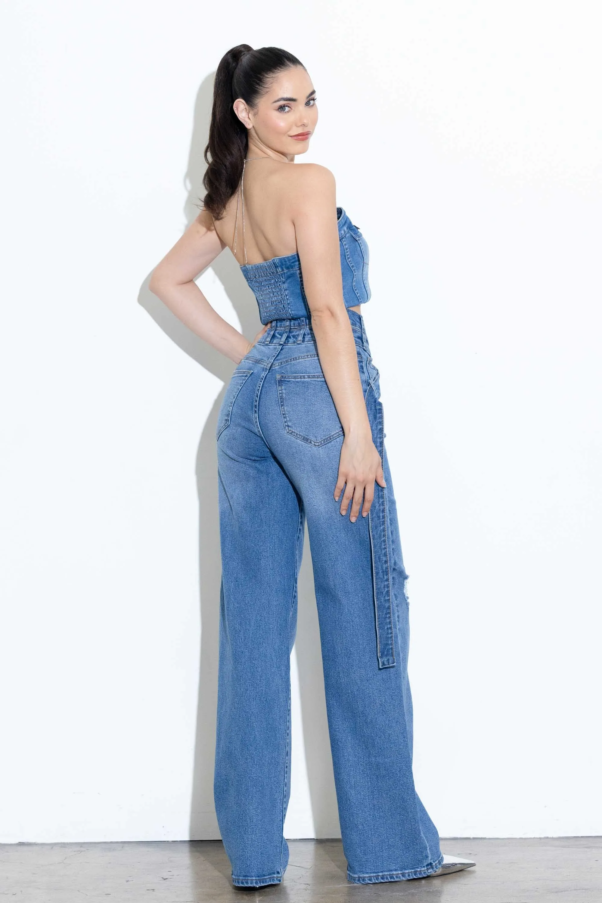 Crossed Waist Line Long Belted Wide Jeans