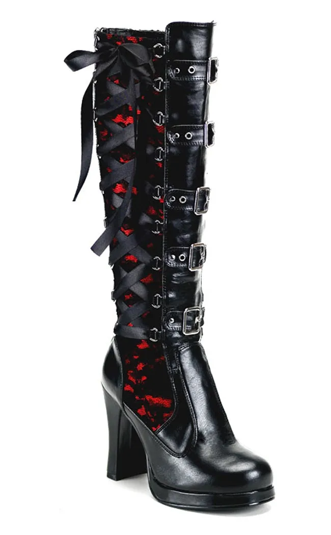 CRYPTO-106 Black & Red Lace Knee High Boots