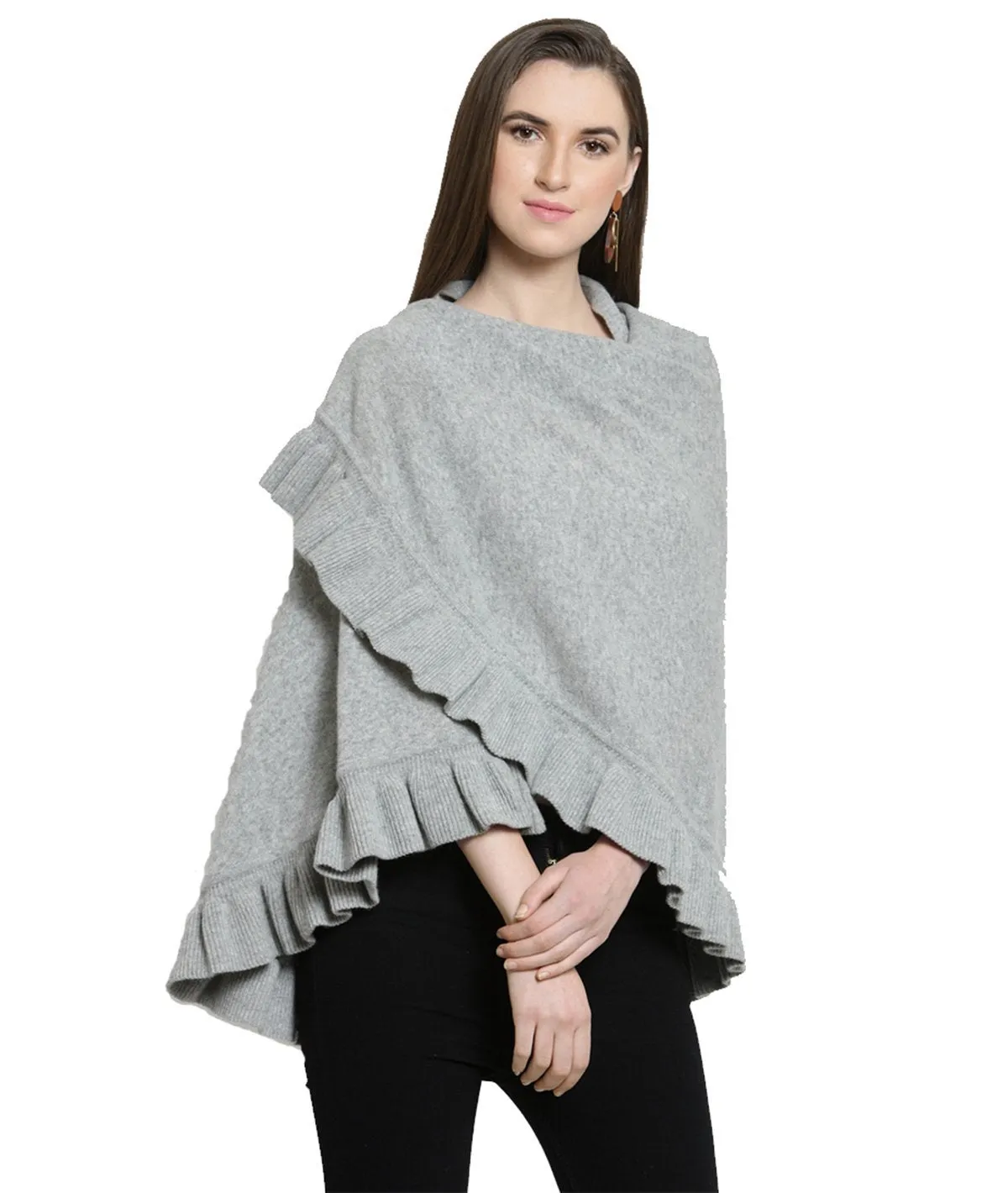 Daisy - Light Grey Lambswool & Nylon Knitted Fashion Poncho / Top / Cape