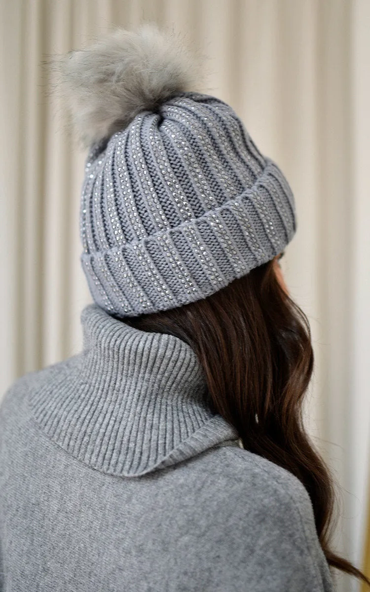 Faux Fur Lined Beanie Rhine Stone Hat