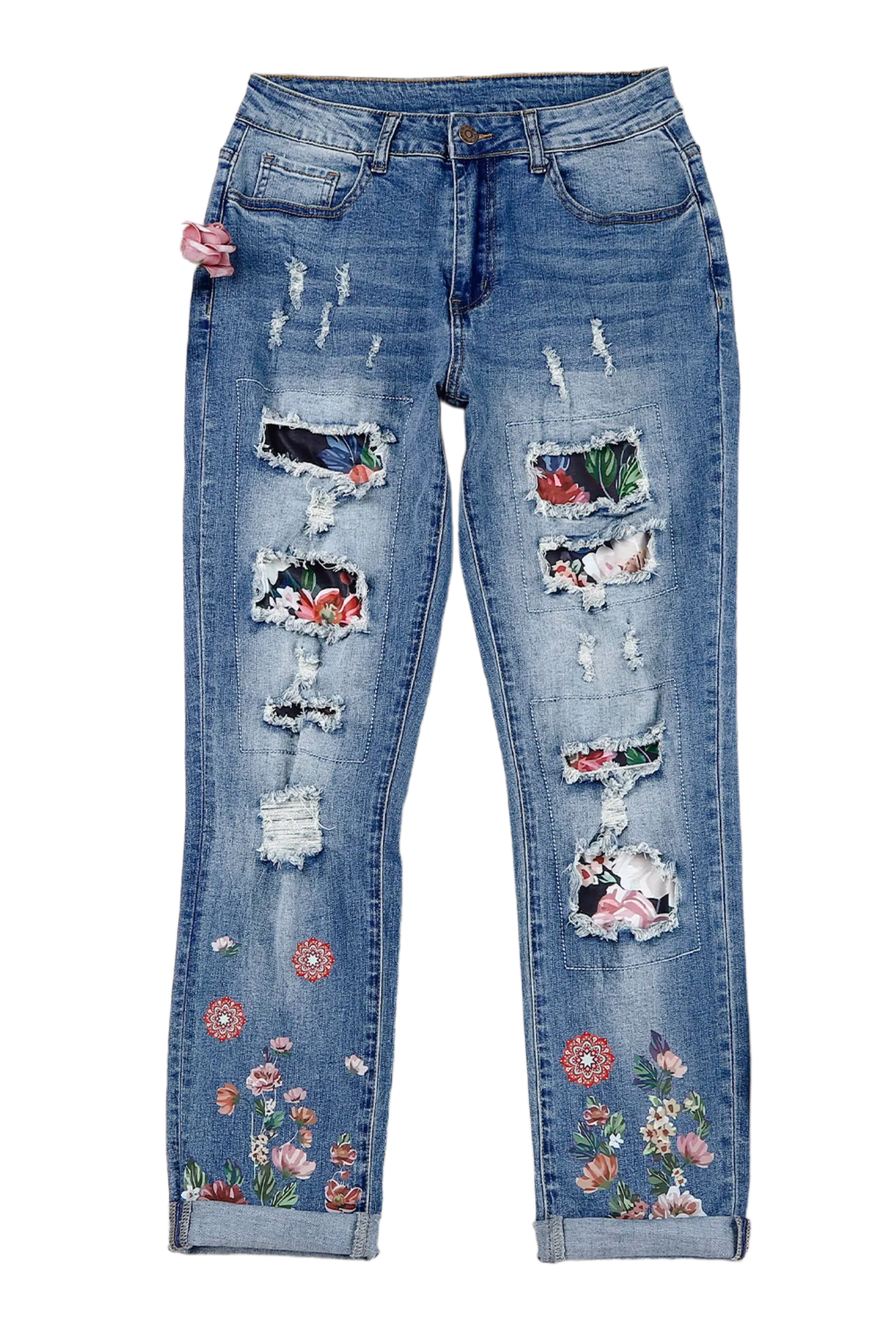 Floral Graphic Patchwork Distressed Jeans