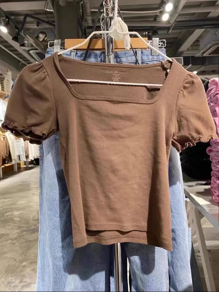 Girlary Ruffles Brown Cotton Tee Shirt Women Summer Sexy Square Collar Short Sleeve Slim Tops Femme Casual Streetwear Y2k T Shirt Chic