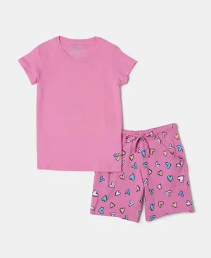 Girl's Super Combed Cotton Short Sleeve T-Shirt and Printed Shorts Set - Wild Orchid