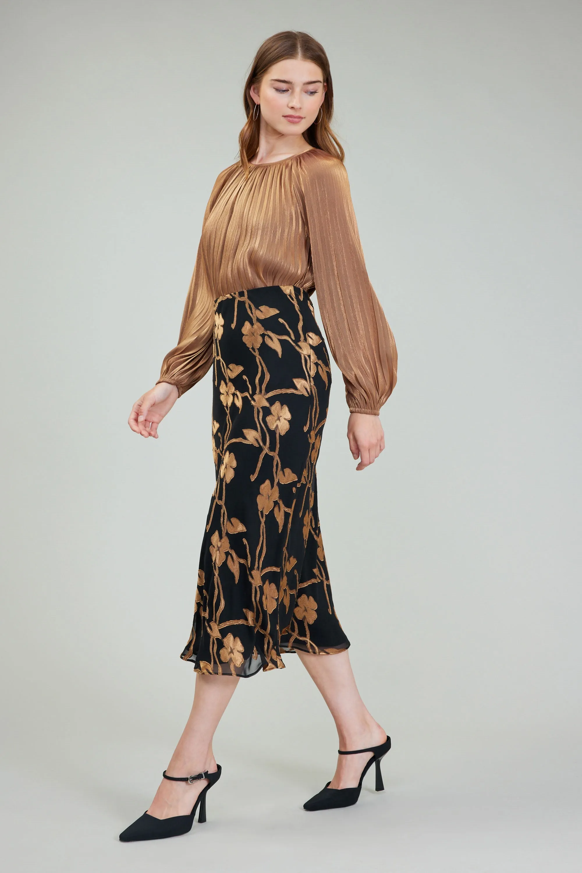 Gold Floral Midi Skirt