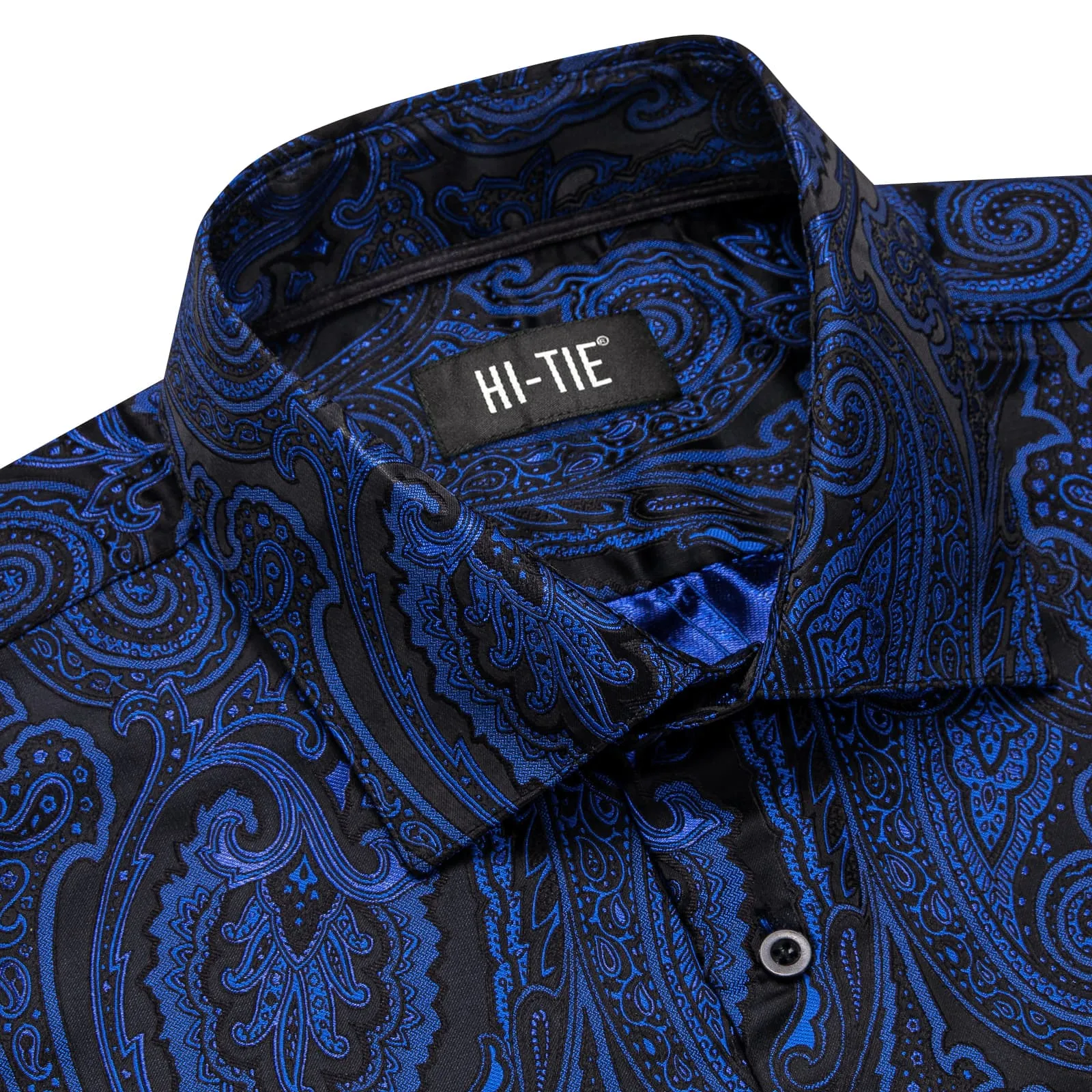 Hi-Tie Blue Black Shirt Jacquard Paisley Top Men's Long Sleeve Shirt