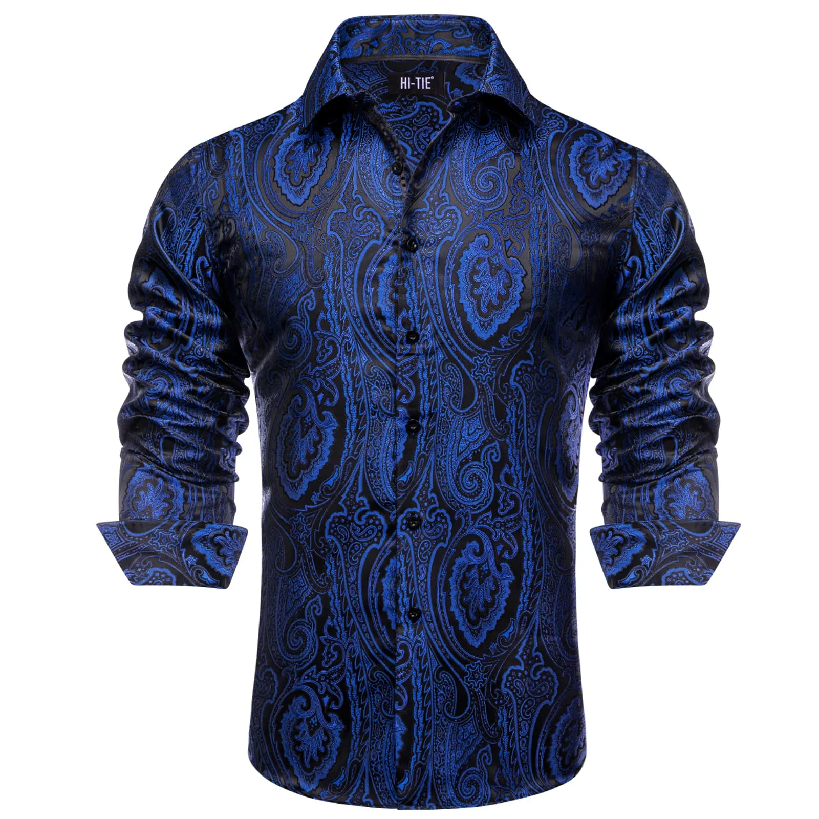 Hi-Tie Blue Black Shirt Jacquard Paisley Top Men's Long Sleeve Shirt