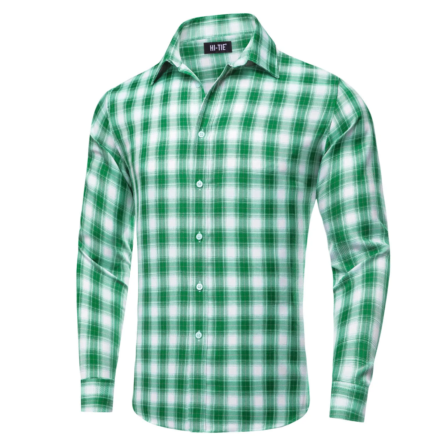 Hi-Tie Button Down Shirt Green White Plaid Men's Silk Long Sleeve Shirt Business