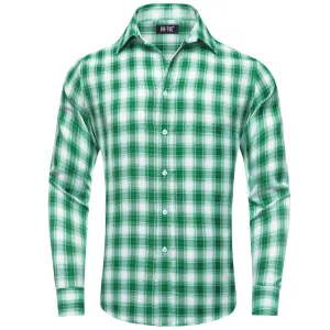 Hi-Tie Button Down Shirt Green White Plaid Men's Silk Long Sleeve Shirt Business