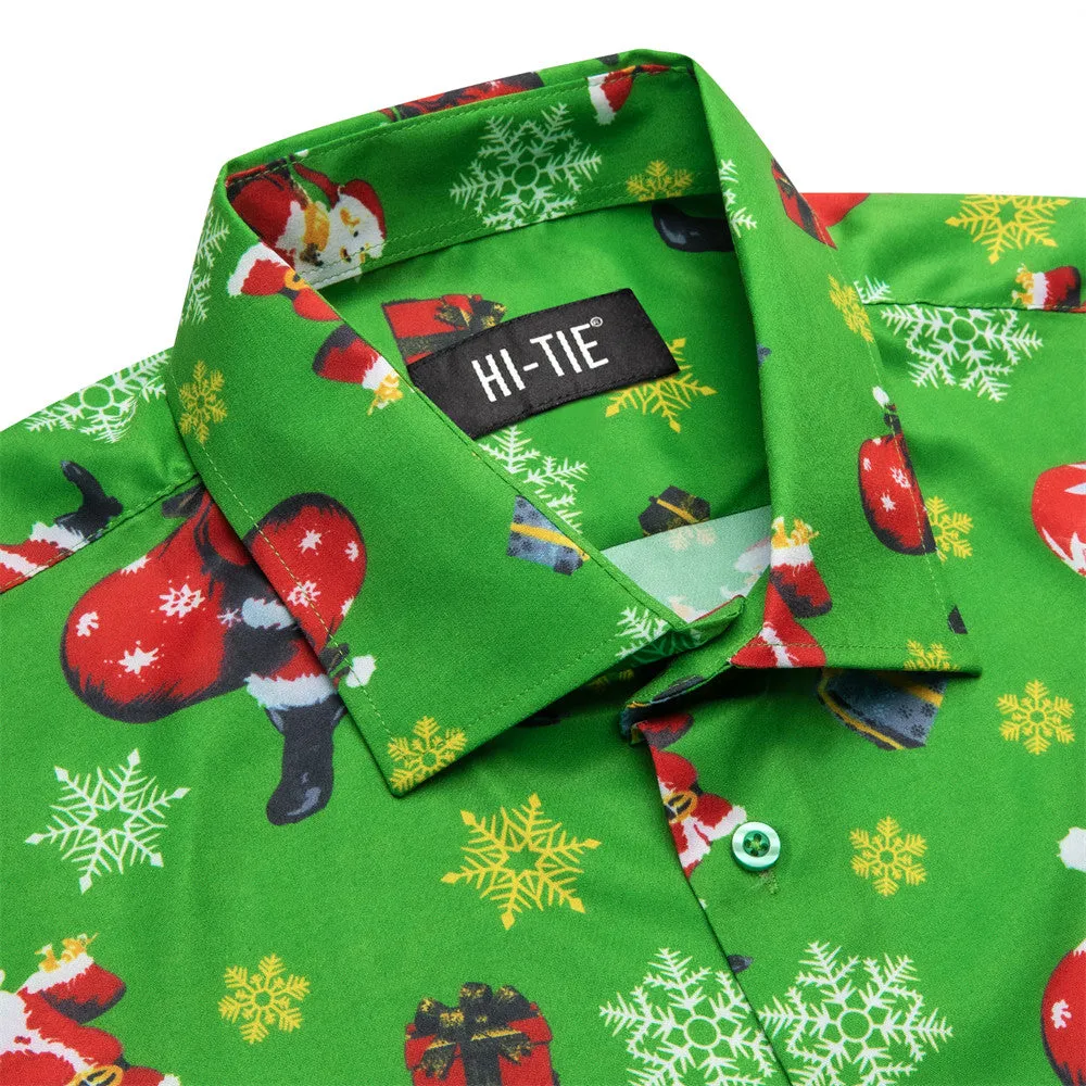 Hi-Tie Green Snow Santa Claus Christmas Silk Button-Down Long Sleeve Shirt