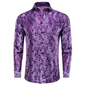 Hi-Tie Men's Shirt Purple Paisley Silk Windsor Collar Button Down Shirt