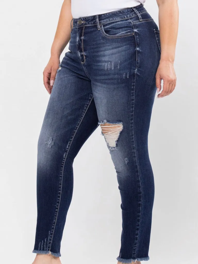 High Rise Distress Crop Skinny - Dark Denim