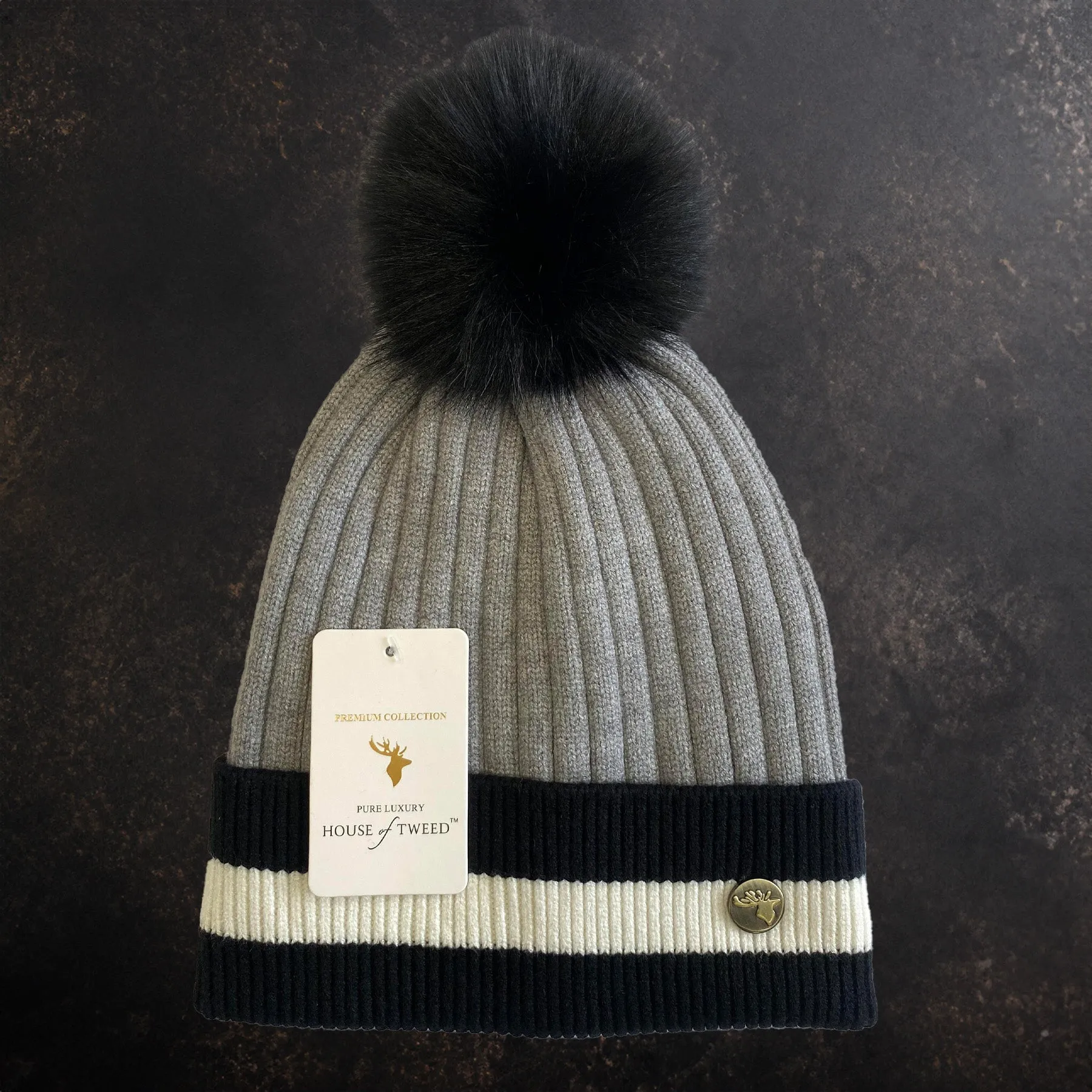 House of Tweed Luxury Striped Ladies Pom Pom Bobble  Beanie Hats