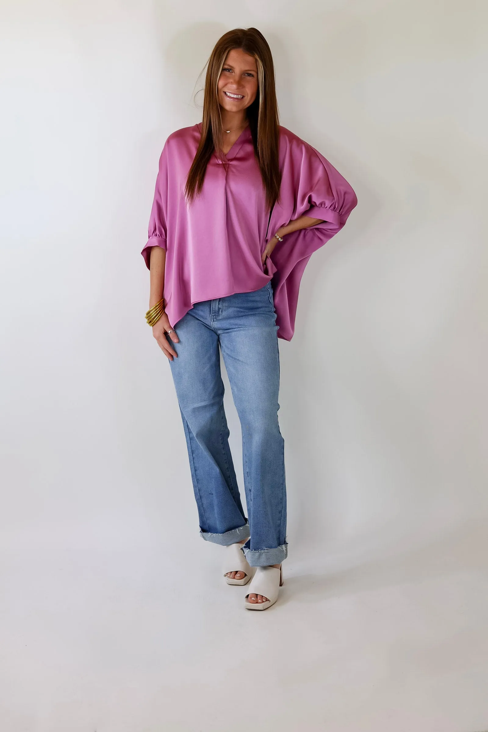 Irresistibly Chic Half Sleeve Oversized Blouse in Mauve Purple