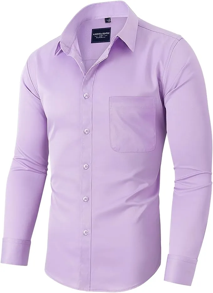 Men's Dress Shirts Wrinkle-Free Long Sleeve Stretch Solid Formal Business Button Down Shirt with Pocket - Purple