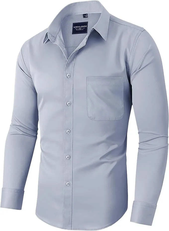 Men's Dress Shirts Wrinkle-Free Long Sleeve Stretch Solid Formal Business Button Down Shirt with Pocket - Silver