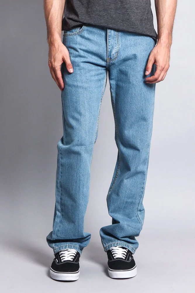 Men's Straight Fit Washed Denim Jeans (Washed Light Indigo)