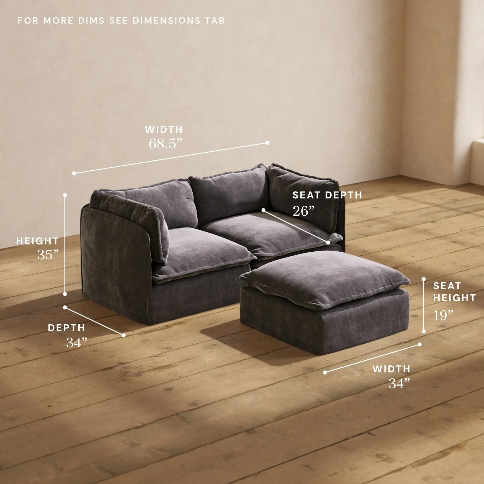 Modular Performance 2-Seater   Ottoman in Cinder | Relaxed Blend