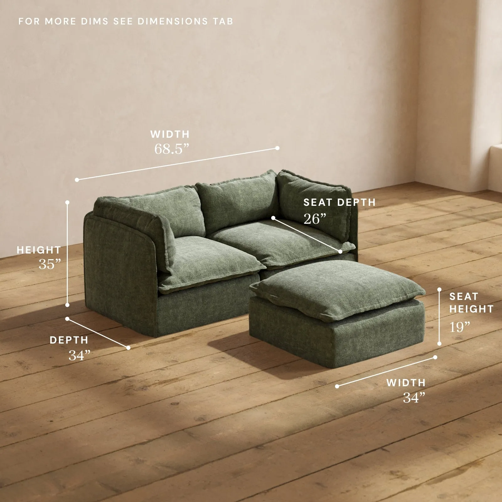 Modular Performance 2-Seater   Ottoman in Willow | Relaxed Blend