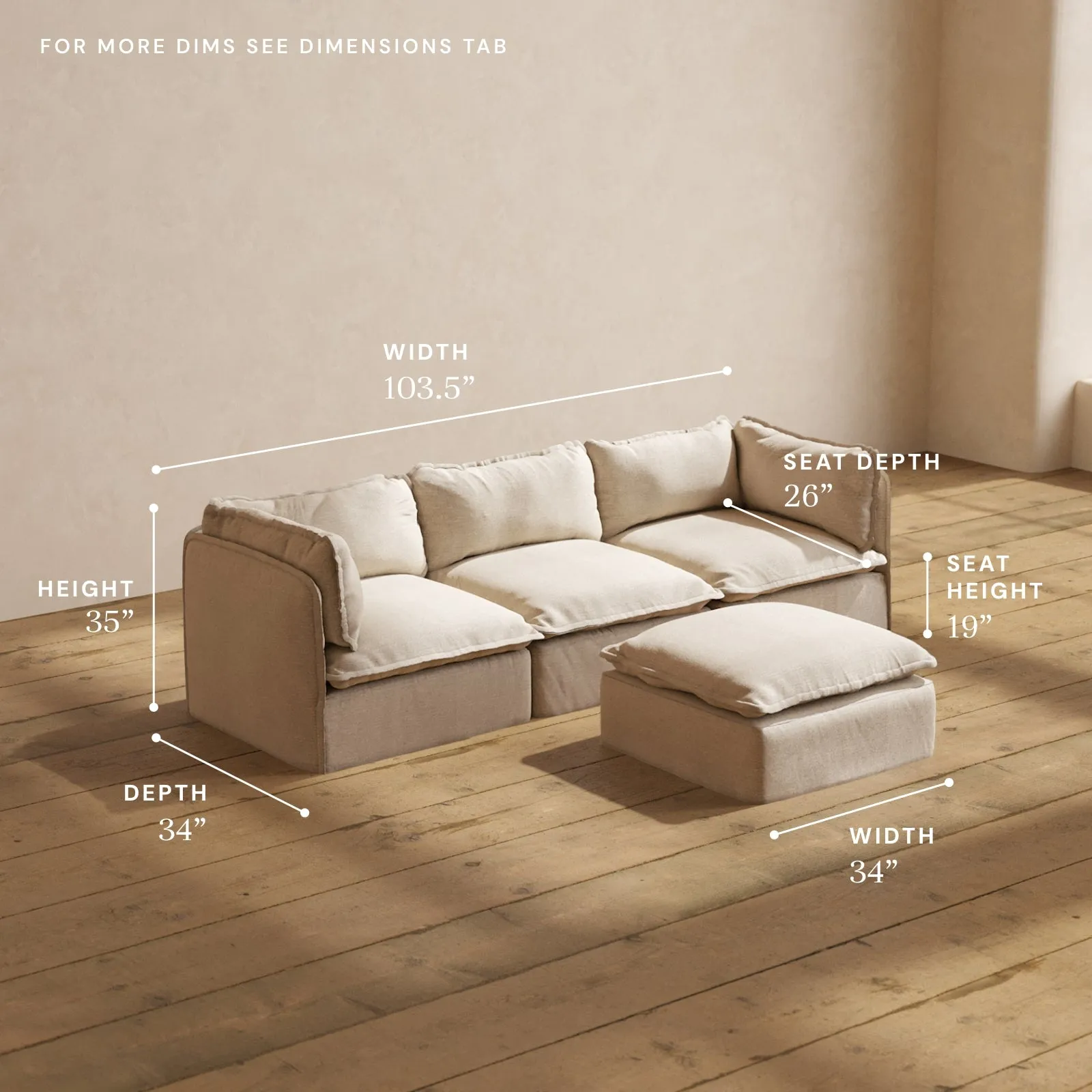 Modular Performance 3-Seater   Ottoman in Oat | Relaxed Blend