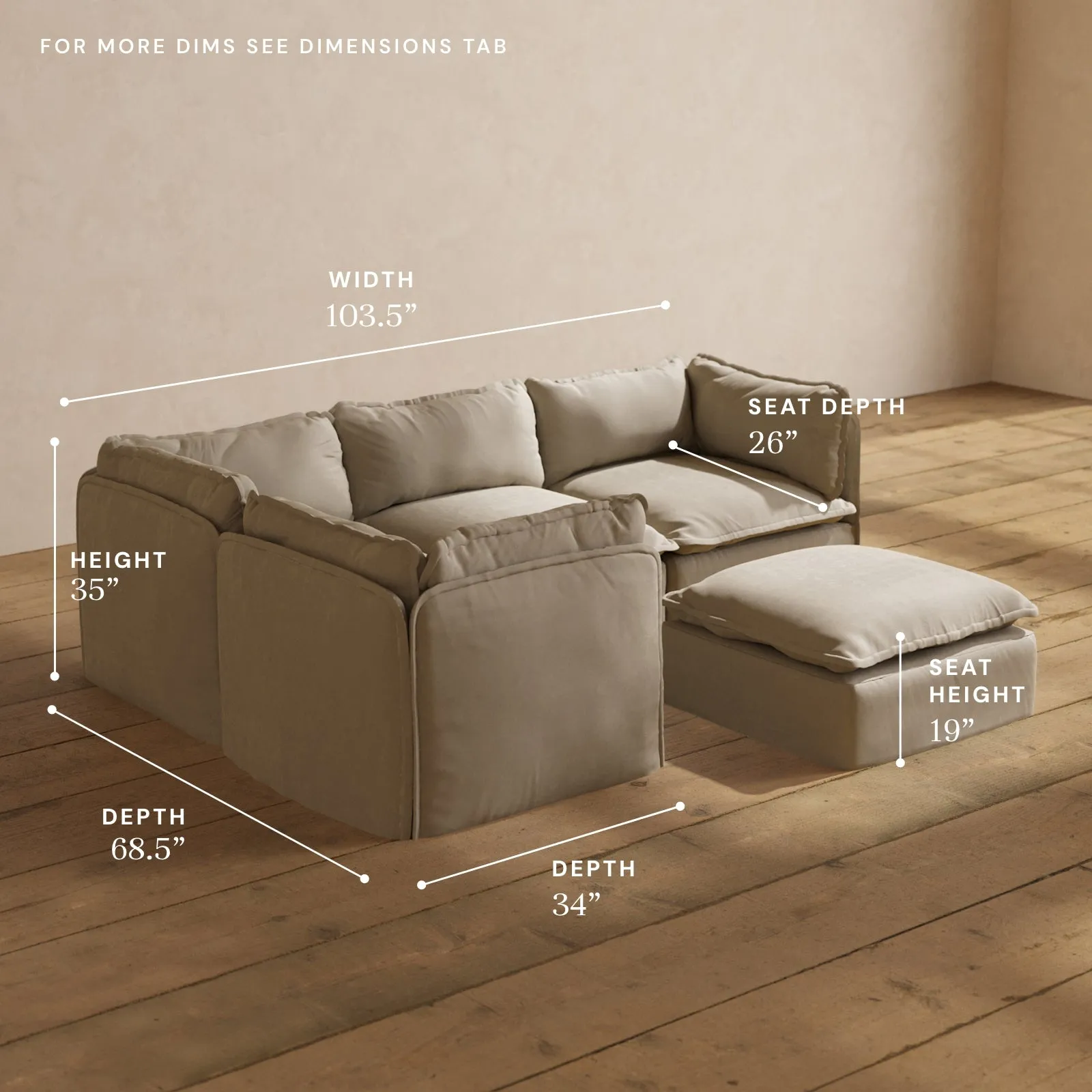 Modular Performance 4-Seater Corner Sectional   Ottoman in Dune | Relaxed Blend