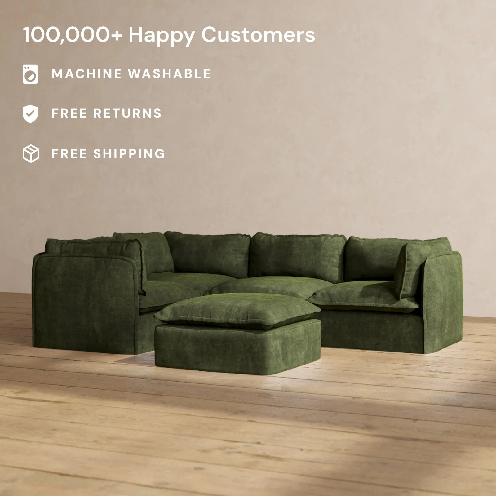 Modular Performance 4-Seater Corner Sectional   Ottoman in Olive | Relaxed Blend