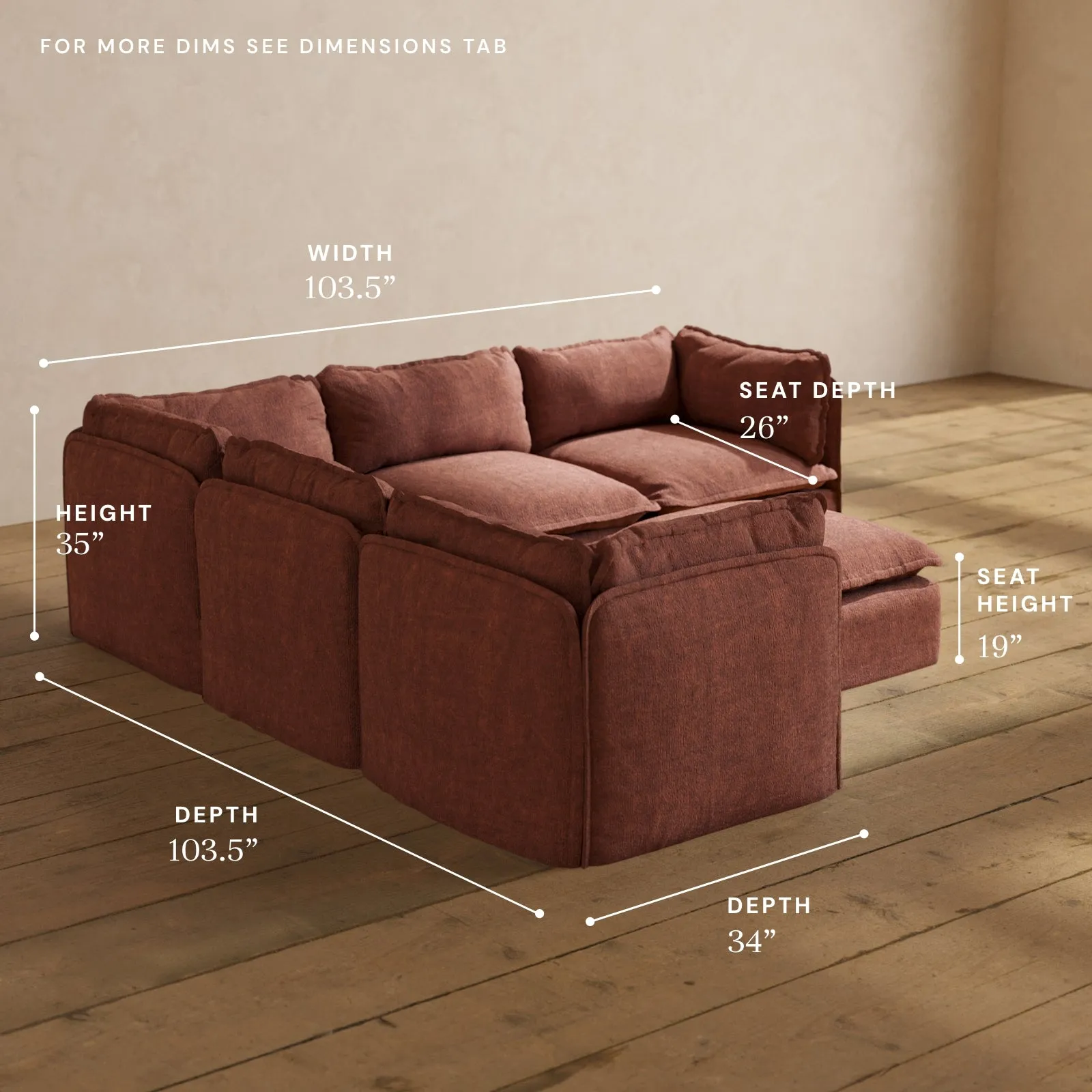 Modular Performance 5-Seater Corner Sectional   Ottoman in Chestnut | Relaxed Blend